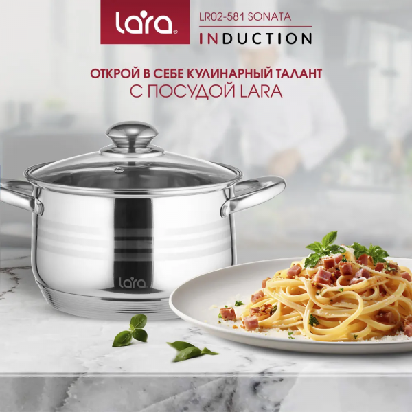 Кастрюля Lara Sonata 18см 2,9л нерж + стекл крышка LR02-581 -