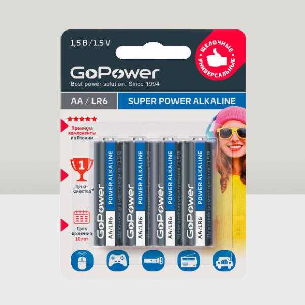 Батарейки GoPower LR6 AA 4BL алкалиновые (щелочные) 4шт 15601