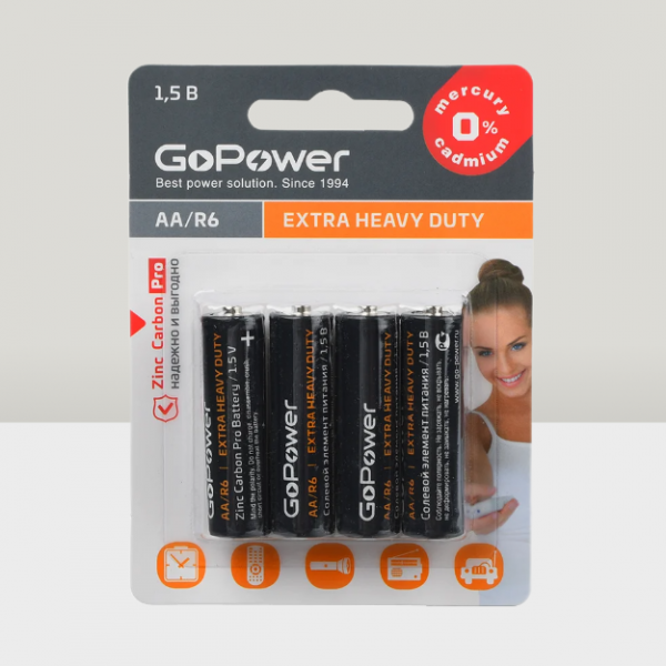 Батарейки GoPower Extra Heavy Duty R6 AA 4BL солевые 4шт 15594