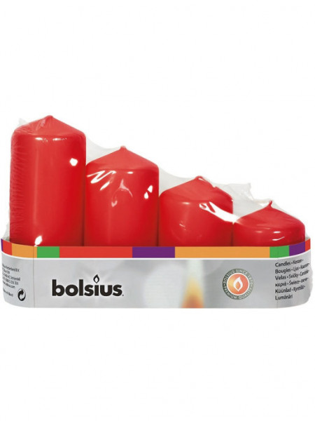 Свечи столбик набор Bolsius 6/8/10/12*4,8см 4шт красные 06741
