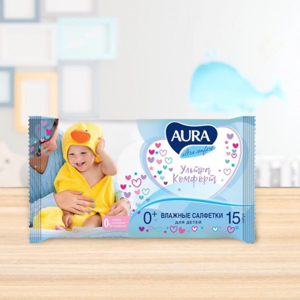 Салфетки влажные детские Aura Ultra Comfort алоэ и витамин Е 15шт 680280