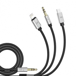Кабель AUX 3,5(штекер) - 3в1 Lightning/Type-C/3,5(штекер) Earldom AUX09 1.2м черный